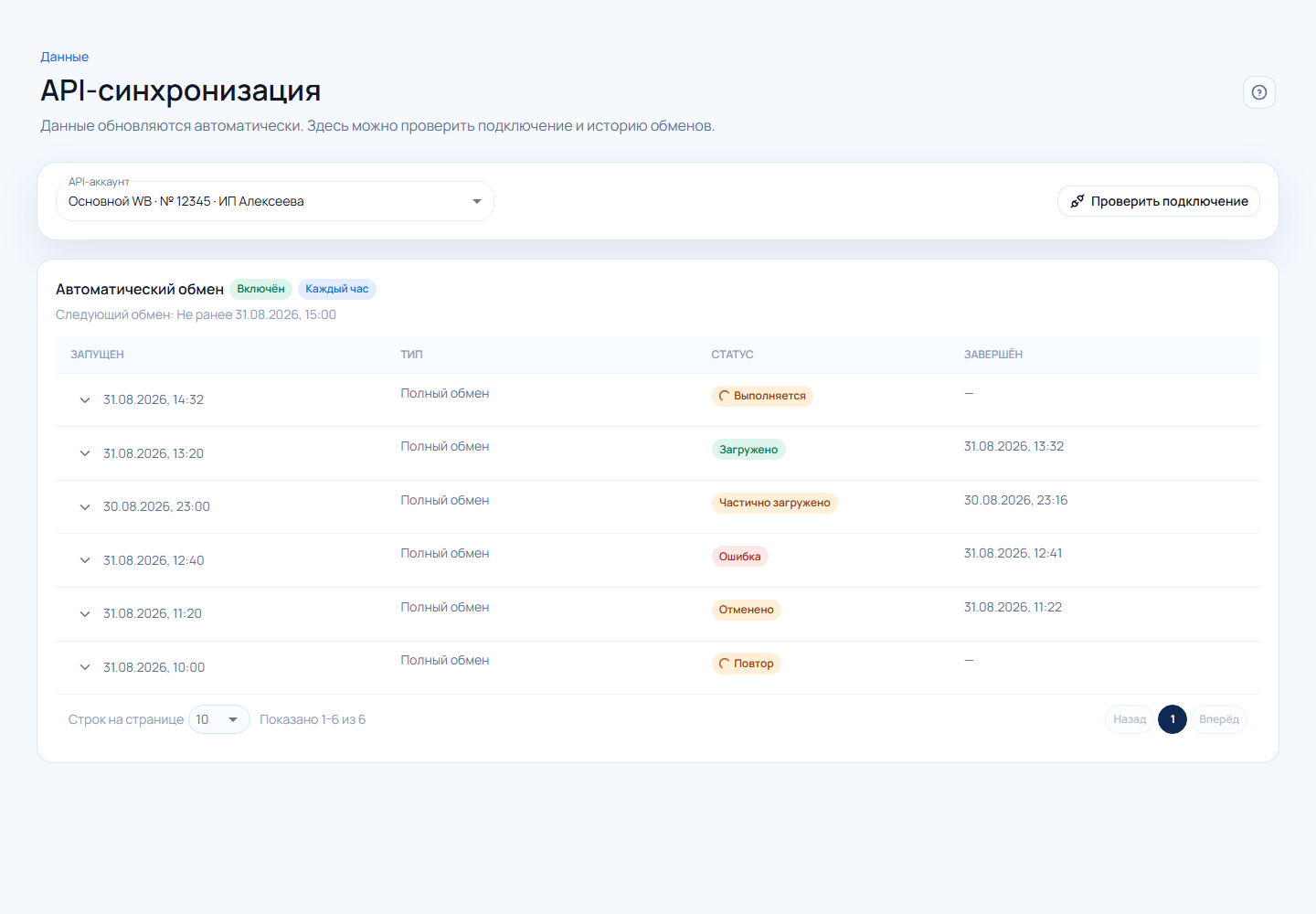 История API-обменов Unit12 с выполняющимся, успешным, частичным, ошибочным и отменённым запусками