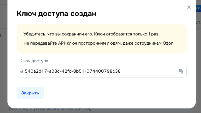 Созданный API key Ozon