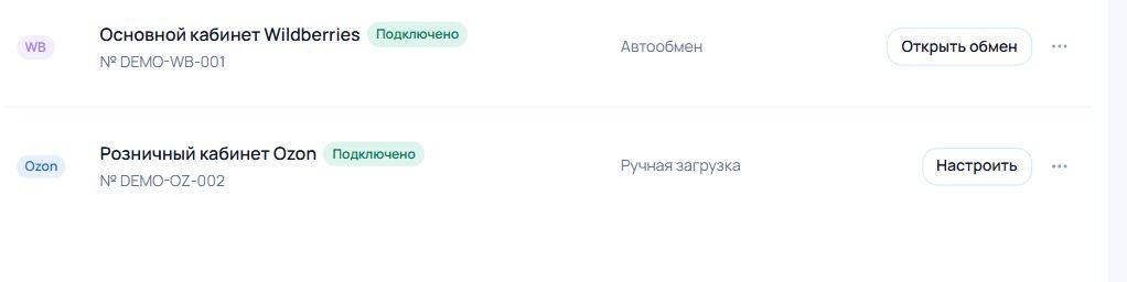 Строки кабинетов Wildberries и Ozon с номером, статусом, способом загрузки и действиями