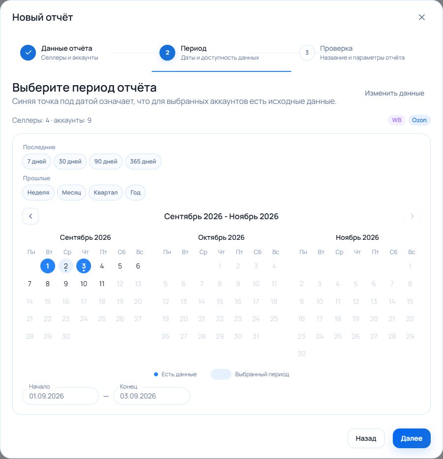 Второй шаг создания P&L-отчёта с календарём доступных данных